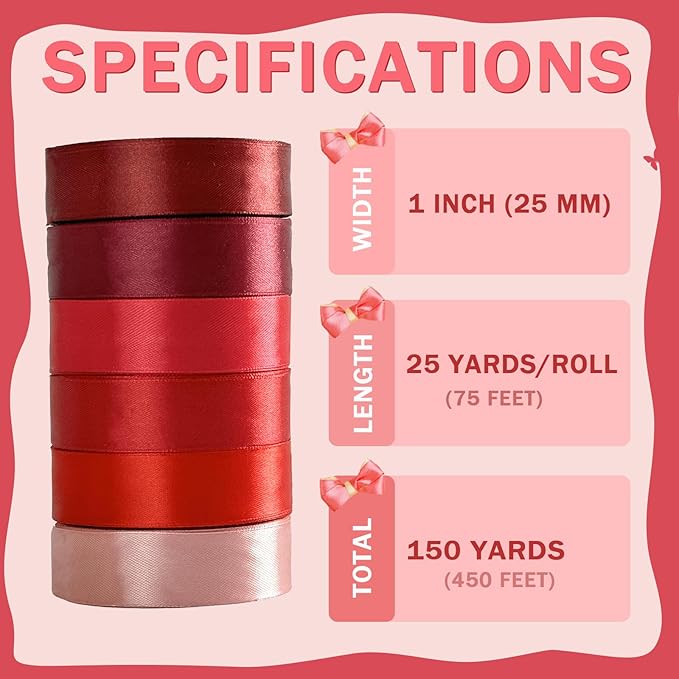 150 Yards Red Satin Ribbon 1 Inch 6 Rolls Assortment Ribbons for Crafts Gift Wrapping Flower Bouquet Wedding Invitations Birthday Party Festival Decoration Hair Bows