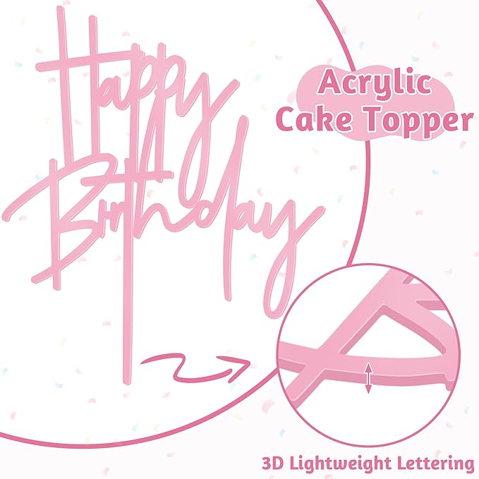 1PCS Pink Birthday Cake Topper, 5.3 x 7.2Inches Happy Birthday Cake Topper, Acrylic Happy Birthday Cake Sign for Children or Adults, Party Cake Desserts Decor and Photo Booth Props
