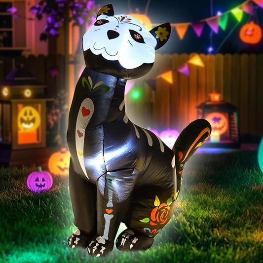 4FT Halloween Skeleton Cat Inflatable Decoration Spooky Blow Up Yard Decor with LED Lights Party Indoor Outdoor Holiday Yard Graden Decoration