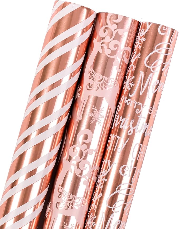 MAYPLUSS Christmas Wrapping Paper Roll - Mini Roll - 17 inch X 120 inch Per roll - 3 Different Rose Gold Design with Glitter Metallic Foil Shine (42.3 sq.ft.ttl)