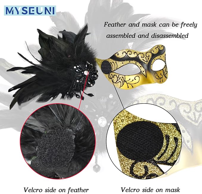 Glod Masquerade Mask for Couples - Women's Mask with Feathers & Venetian Masks for Men - Party, Mardi Gras, Halloween, Cosplay, Prom, Christmas