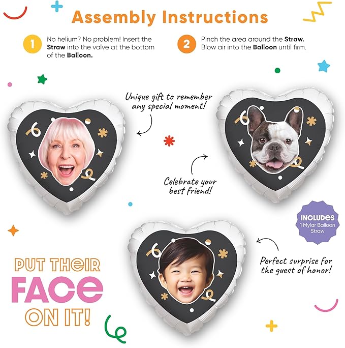 Big Dot of Happiness Personalized Fun Face Photo Black & Gold Heart Balloons, Custom Birthday Balloons, Anniversary Decorations, Bachelorette Party Decor, Double-Sided Mylar Balloon, 1 Piece