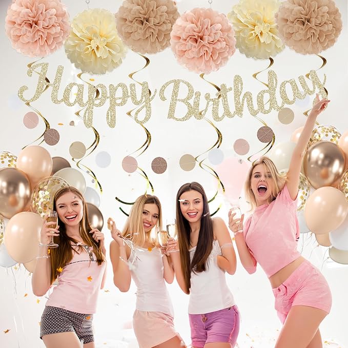 Champagne-Gold Beige Fall Birthday Party Decorations for Women Girls, Autumn Nude Neutral Boho Balloons Decor, Happy Banner, Hanging Swirls Tissue Pom Poms Retro Backdrop Supplies
