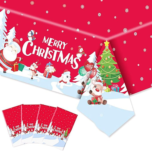 4 Pcs Christmas Tablecloth Plastic Disposable 54x108 Inch Vinyl Christmas Red Blue Table Cloth Snowflake Merry Christmas Rectangle Table Cover Party Decorations Decorations
