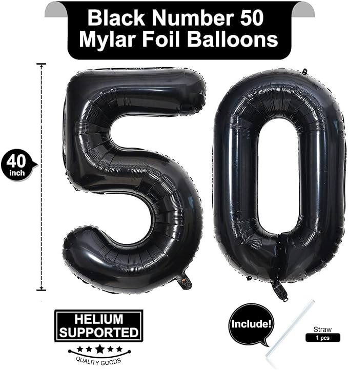 40 Inch Black 50 Number Balloons Giant Jumbo Huge 50 Foil Mylar Helium Number Digital Balloons Black Birthday Mylar Digital Balloons 50th Birthday Parth 50th Anniversary Events Party Decorations