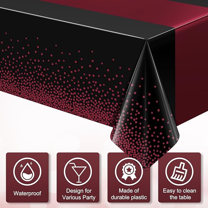 3Pcs Black and Maroon Tablecloth Party Decorations,Plastic Black Table Cloth Printed Maroon Table Runner Disposable Rectangle Table Cover for Birthday Wedding Graduation Anniversary Party,54x108Inch