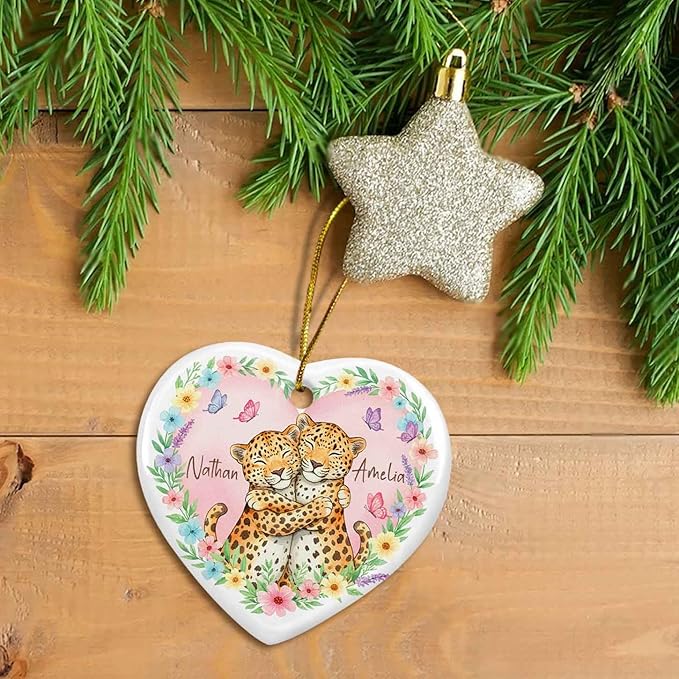 Leopard Couple First Christmas Together Ornament, Custom Names Anniversary Ceramic Ornament, Personalized Leopard Watercolor Floral Butterfly Ornaments, Sweet Animals Keepsake Gift for Husband Wife