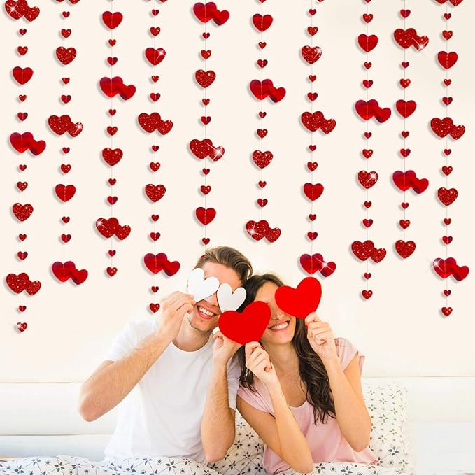 pinkblume Valentines Day Party Decoration Red Heart Garland Metallic Glitter Hanging Heart Streamer Banner for Anniversary Mother's Day Engagement Wedding Bridal Shower Bachelorette Hen Party Supplies
