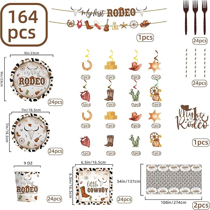 164Pcs Western Cowboy Party Supplies Wild West Baby Shower Bachelorette Birthday Decorations, Includes Plates Napkins Cups Forks Straws, Cake toppers, for 24 Guests