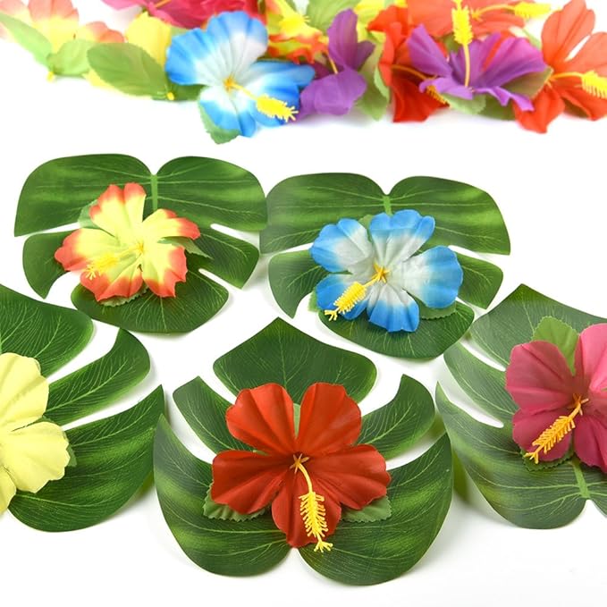 KUUQA 60 Pcs Tropical Party Decoration Supplies 8" Palmtera Hibiscus Leaves and Flowers, Simulation Leaf for Hawaiian Luau Party Jungle Beach Theme Table Decorations