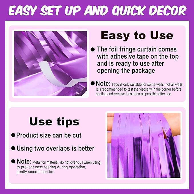 3 Pack Light Purple Foil Fringe Curtains Backdrop, 3.28 x 6.6 Ft Metallic Streamers Tinsel Curtains Background for Photo Booth, Birthday, Halloween, Christmas, Thanksgiving, New Year Party Decorations