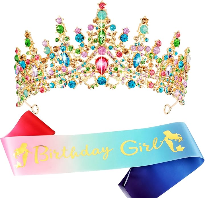VELSCRUN Birthday Tiara Crowns for Women Girls Crystal Birthday Girl Headband Sash Elegant Princess Crown Happy Birth Party Decorations Women Sisters Birth Gift Hair Accessories