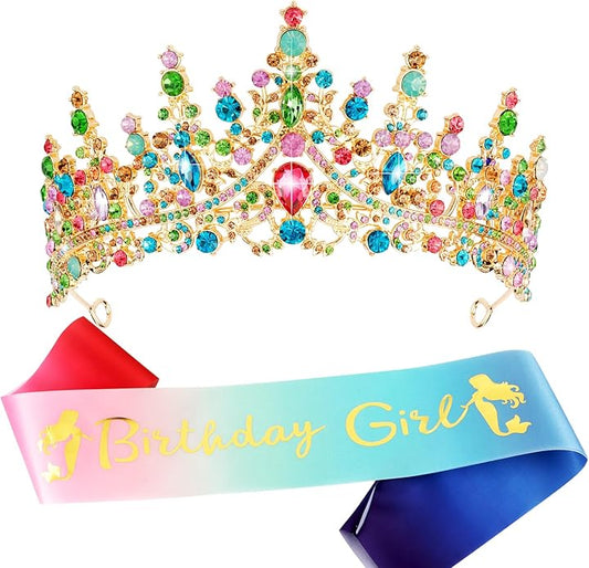 VELSCRUN Birthday Tiara Crowns for Women Girls Crystal Birthday Girl Headband Sash Elegant Princess Crown Happy Birth Party Decorations Women Sisters Birth Gift Hair Accessories