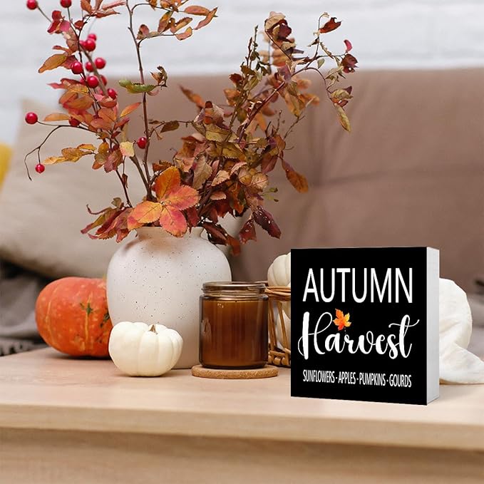 Funny Autumn Wood Box Sign Autumn Harvest Wooden Block Desk Decor for Home Office Kitchen Cubicle Table Shelf Tabletop,Farmhouse Fall Sign Decor