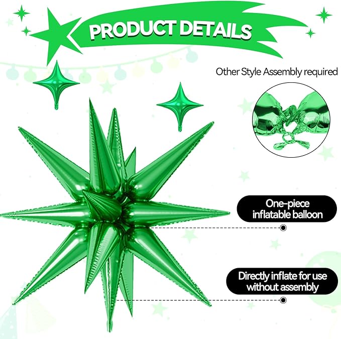 18 Pcs Pink Green Star Balloons, Black Green Pink Balloon with 6 Pcs 22-Inch Explosion Star Balloons 12Pcs 10-Inch Four Pointed Stars Foil Balloon for Wedding Forest Spring Birthday Party Decor