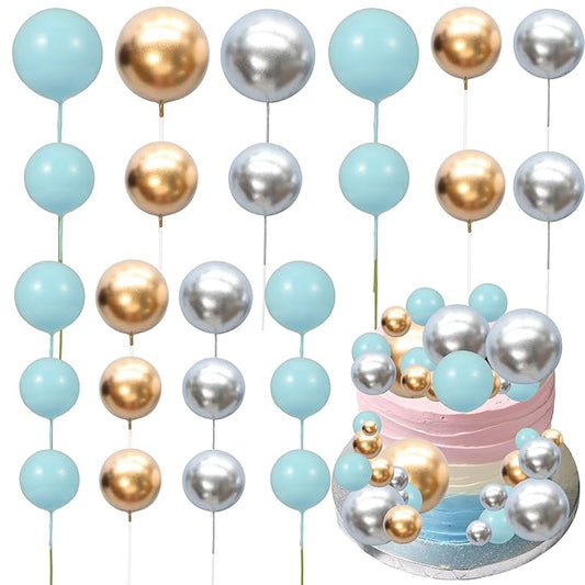 Gyufise 30Pcs Mini Balloon Cake Topper Foam Ball Cake Picks Decorations Faux Pearl Balls DIY Cake Topper Decoration for Baby Shower Wedding Anniversary Birthday Party Supplies Gold Silver Blue