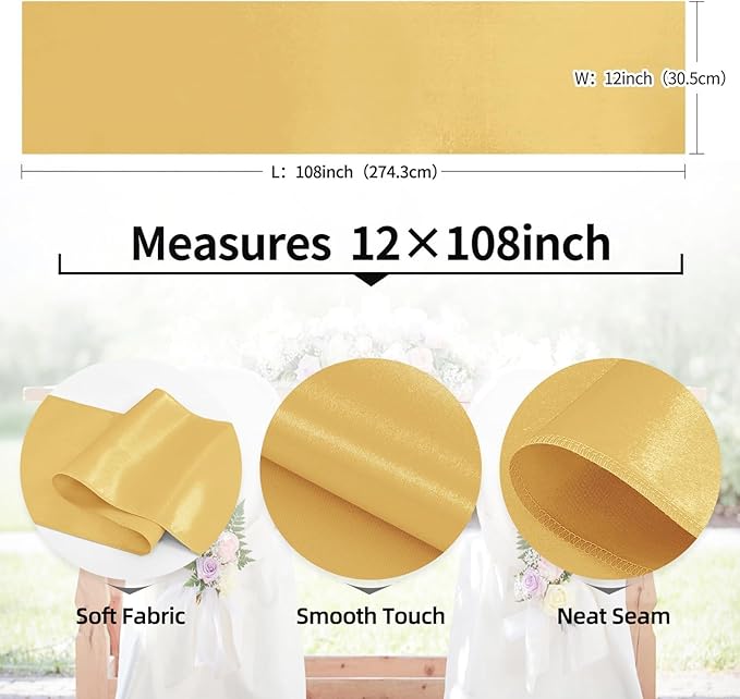5-Pack Satin Table Runner Light Gold 12 x 108 Inch Long Silk Satin Table Runners for Wedding,Graduations,Engagements,Birthday Party and Banquet Decoration（5 Pack, 12x108 Inch, Light Gold）