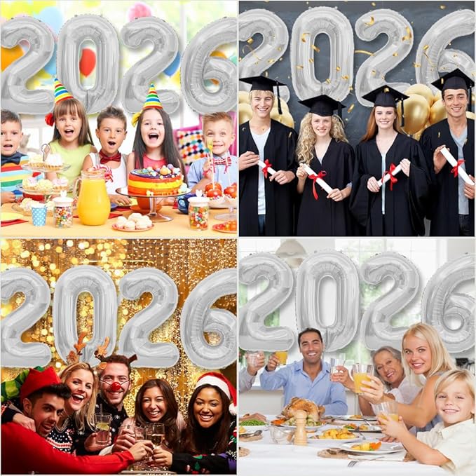 2026 Balloons, 40 Inch Foil Number Balloons, 2026 Balloon Numbers, Number Balloon for New Year Eve Festival Christmas Birthday Wedding Anniversary Party Supplies, New Years Decorations Silver