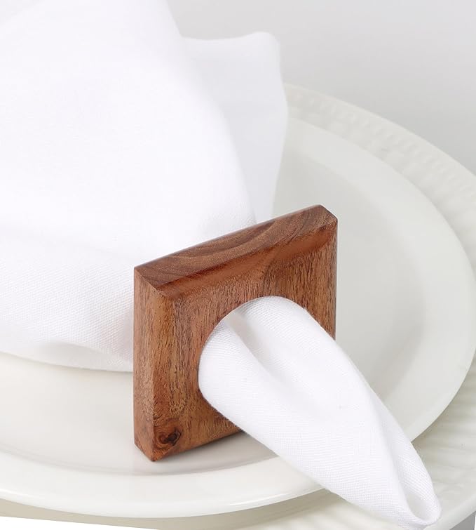 Wooden Napkin Rings Set of 12 Fall Decor for Home Square Acacia Wood Napkin Holders for Dining Table Settings Napkin Ring Rustic Table Décor for Weddings, Parties, Everyday Use (Brown) - CLEENTABLE