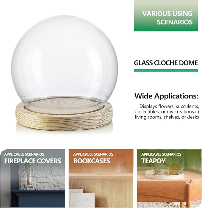 ZEERSHEE Round Glass Display Dome Cloche with Wooden Base for Home Decoration Diameter 4.7 Inches