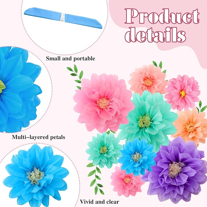 Geyee 18 Pcs Mexican Paper Flowers Colorful Fiesta Tissue Paper Flowers Pom Poms Mexican Carnival for Floral Party Backdrop Wedding Birthday Party Craft, 6" 8" 10"(Colorful)