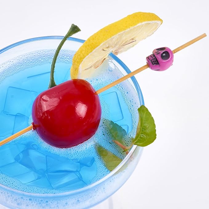PuTwo Cocktail Picks Handmade Bamboo Toothpicks 100ct 4.7" in Multicolor Skulls