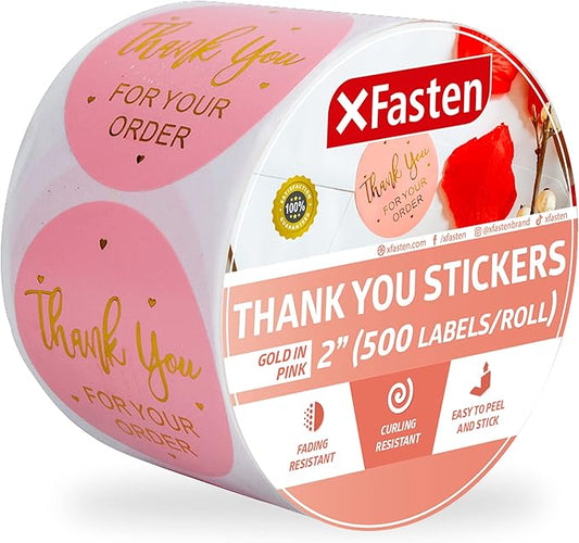 XFasten Pink Thank You Stickers Roll for Small Business, 500 2-inch Round Thank You Sticker Tags, Microwave-Safe Thank You Sticker Label Bulk for Packaging, Shipping, Shopping Bags and Envelopes