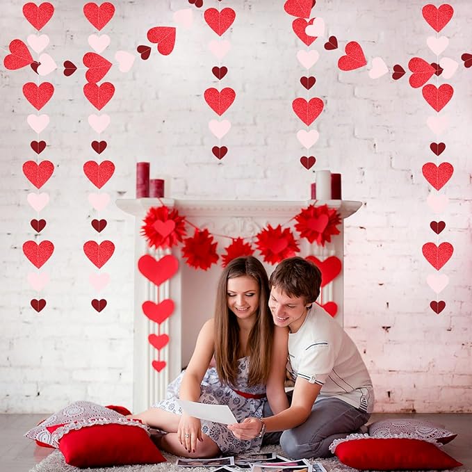 Pink Burgundy-Red Party-Decorations Garland - 52Ft Proposal Special Night Galentines Heart Paper Streamers Banner,Bachelorette Bridal Shower Engagement Wedding Decor Lasting Surprise