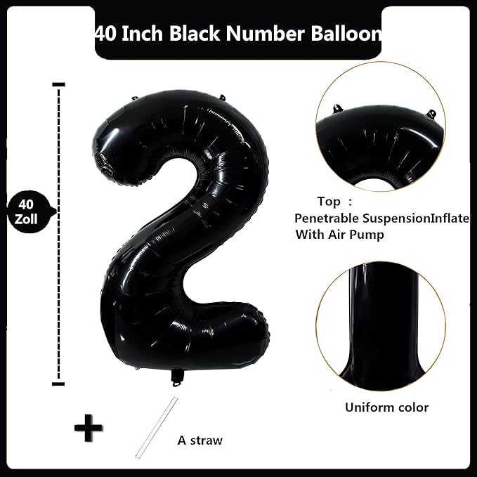 40 inch Black 2 Number Balloon Giant Foil Helium Balloons Black Large Digital Balloon 2 Number 2 Balloons for 2nd Birthday Party Decorations Anniversary Events Decoration Supplies