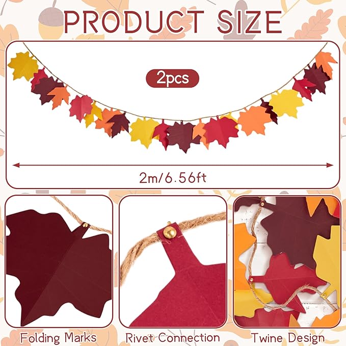 Fall Maple Leaves Garland Fall Decorations for Home Autumn Leaves HangingMaple Leaf Banner Orange Yellow Leaf Decor for Fall Harvest Thanksgiving Party Home Fireplace Wall Decor-2Pcs