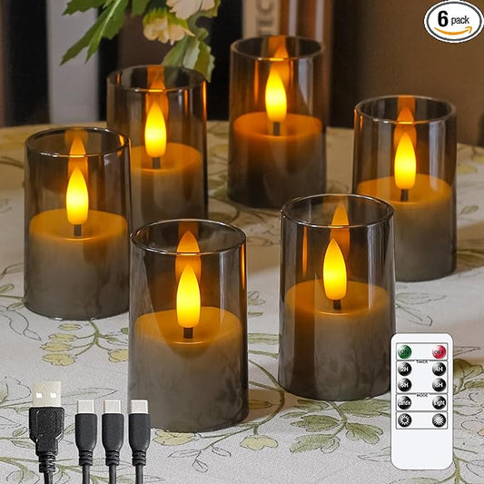 Rechargeable Acrylic Flameless Votive Candles with Timer & Remote Control, 1.7" x2.5" Flickering LED Warm Glow Tealight for Home, Wedding, Holiday Decor (Set of 6, Grey)