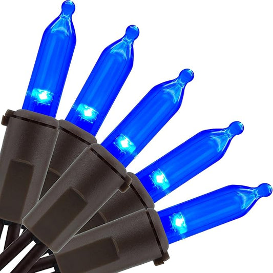 YULETIME Blue LED Christmas Lights with Brown Wire, 33 ft 100 Count UL Certified Commercial Grade Holiday String Light Set (Blue - Brown Wire)