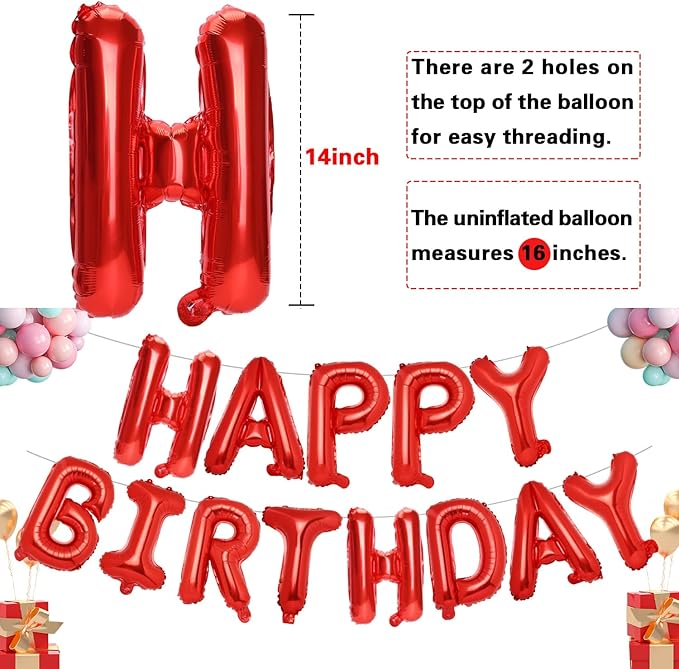 Accevo Red Happy Birthday Banner 16 Inch Mylar Foil Letters Balloons Happy Birthday Balloon for Kids, Child, Adults, Boys & Girls Birthday Banner Birthday Party Decorations Supplies