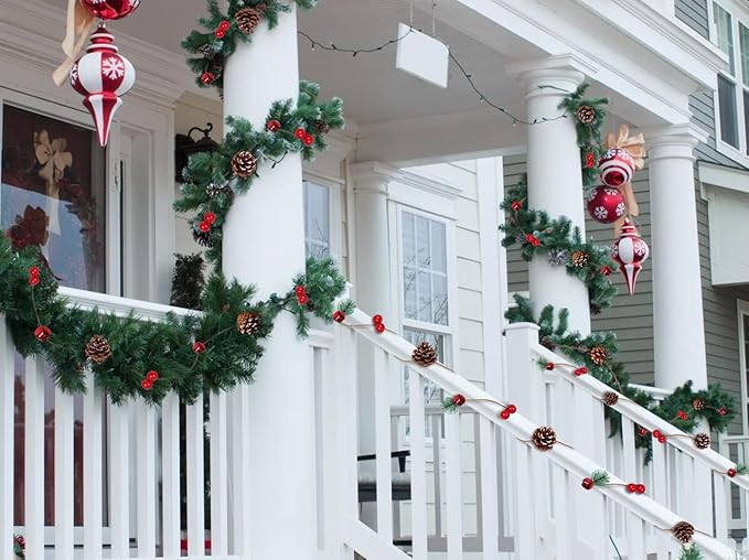 RECUTMS Christmas Garland with Pine Cones, Red Berry, 6.5FT, 20 LED Fairy Pinecone Lights for Fireplace Mantle, Winter Xmas Tree Party Indoor Outdoor Decorations (2 Pcs)