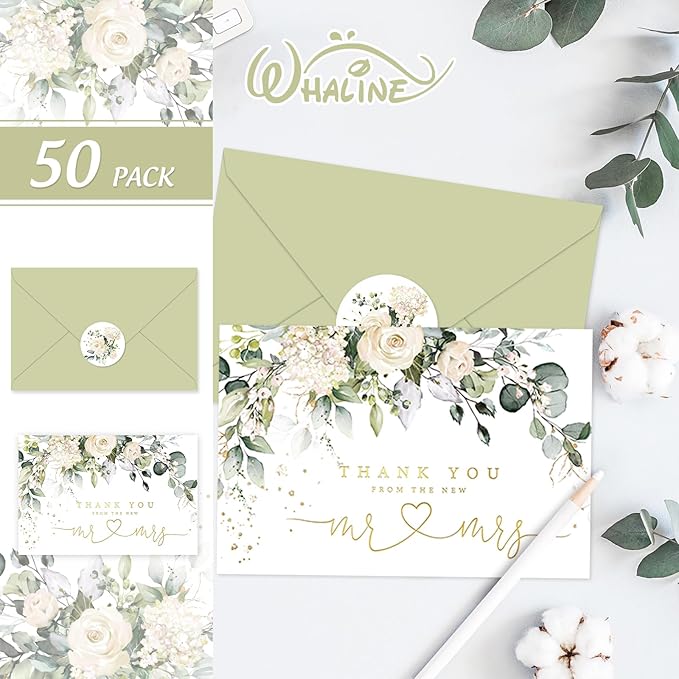 Whaline 50 Pack Floral Wedding Thank You Cards Flower with Eucalyptus Leaves Mr & Mrs Thank You Greeting Note Cards Boxed with Envelope Sticker for Bridal Shower