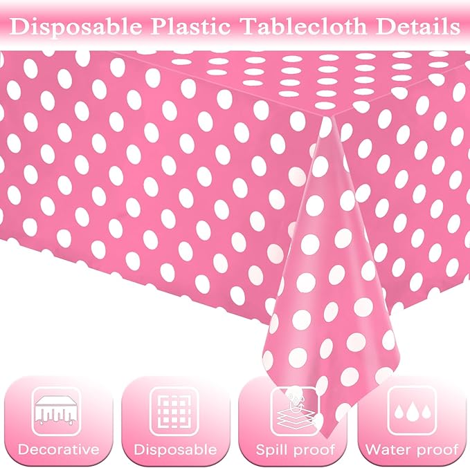 WNINK 2 Pack Pink and White Polka Dot Tablecloths – Pink Disposable Plastic Waterproof Table Cover, 54" x 108", for Birthday, Wedding, Bridal Shower, Bachelor, Pink Girl Party, and Picnic