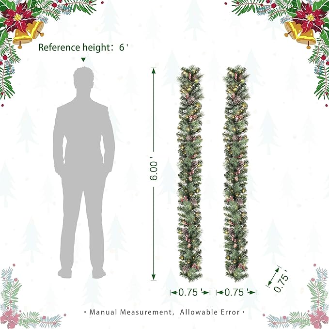 Glitzhome 2PK 6ft Christmas Garlands with Lights, Glittered Pinecones and Berries Greenery Christmas Garlands with 50 Warm White Lights and Timer for Christmas Holiday Party Hanging Decorations