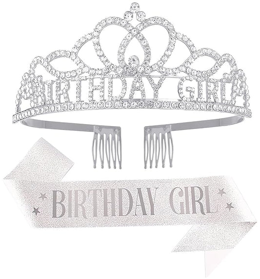 Birthday Tiara and Crown with Sash for Women, Hair Accessories for Wedding Party Costume (A1 - Silver)