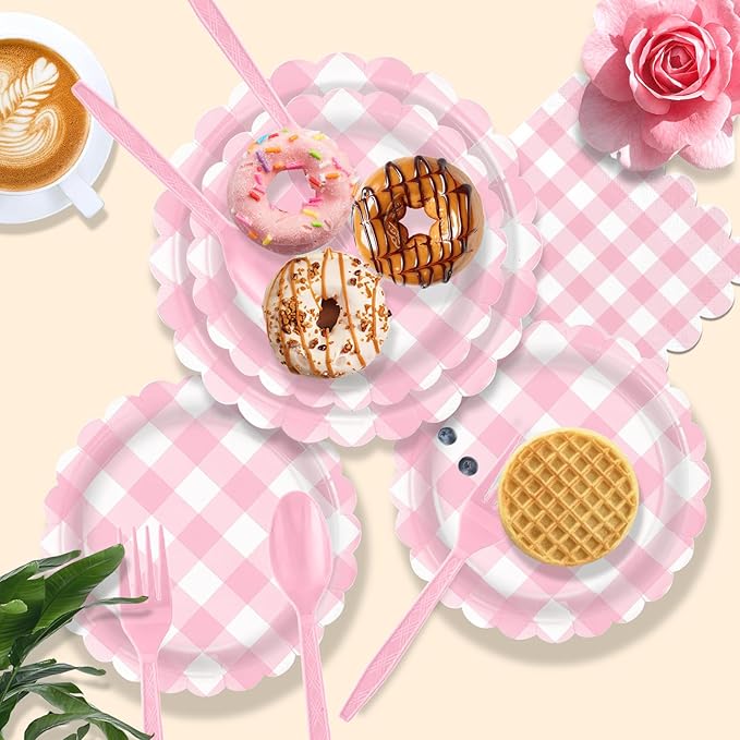 192 PCS Gingham Party Supplies Serve 24 Guests Gingham Plates and Napkins and Cups for Birthday Decorations Baby Shower Checkered Party Supplies Dinnerware Sets for Girl Boy Light Pink White