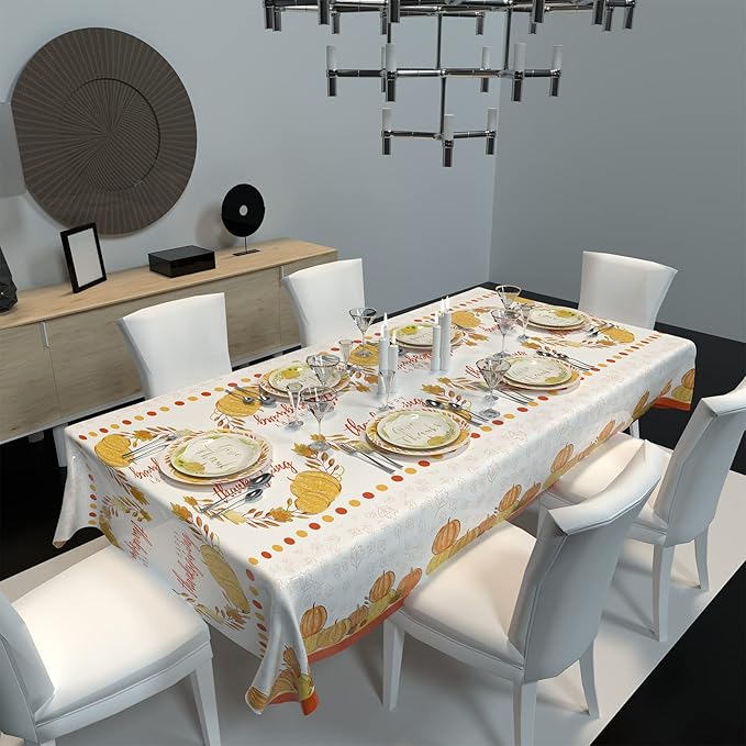 ATFUNSHOP Thanksgiving Tablecloth 2 Pack 54" X 108" Disposable Fall Table Cover Party Supplies Pumpkins Autumn Leaves Water Proof Plastic Table Cloth for Thanksgiving Decoration Dinner Party