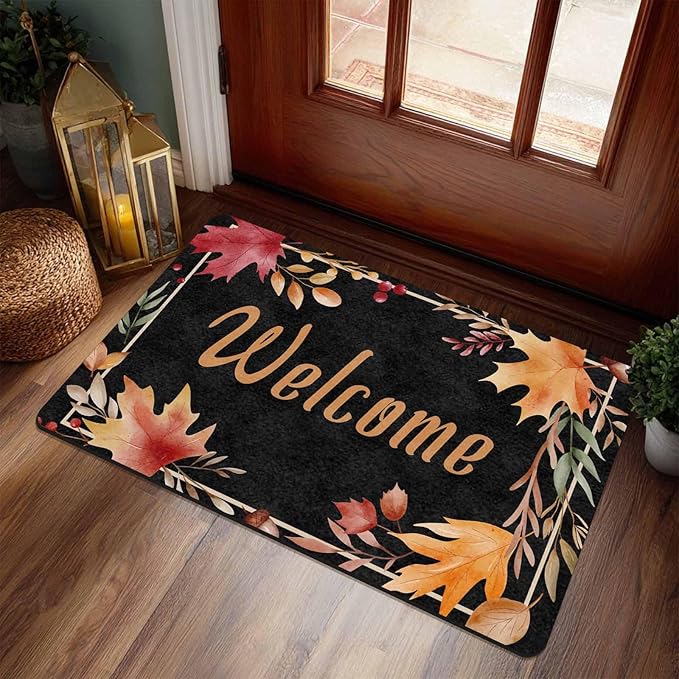 Fall Welcome Maple Leafs Decorative Door Mat, Autumn Thanksgiving Doormat for Indoor Outdoor Entrance Floor Mats,Fall Pumpkins Non Slip Harvest Vintage Decor Rubber Welcome Mats 30" x 18" Inch