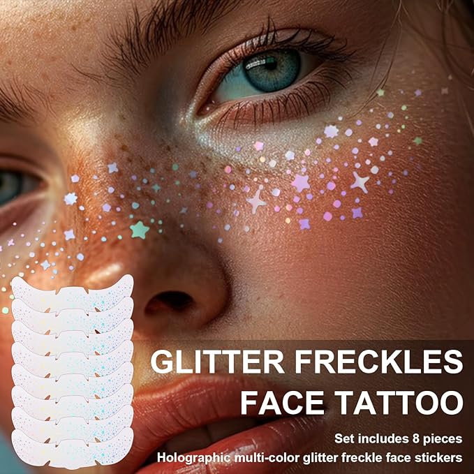 8 PCS Holographic Multicolor Glitter Freckles Face Tattoo, Makeup Patch, Faux Freckles Waterproof Temporary Tattoos Cute Glitter For Women and Kids Halloween Christmas (8PcsB Holographic Multicolor)