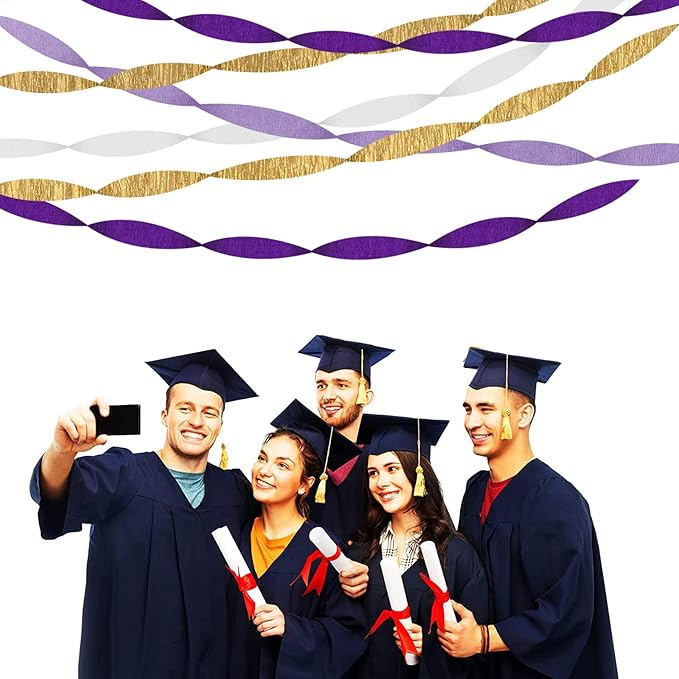 Purple-Gold Party Decorations Crepe-Paper Streamers - 8 Rolls White Purple Lavender Graduation Steamer Woman Birthday Wedding Bridal Shower Paper Garland Mothers Decor Panduola