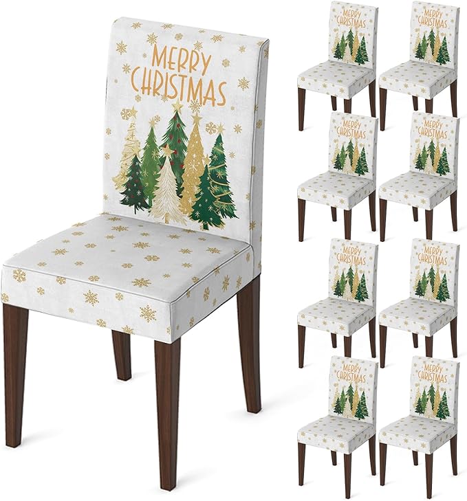 Horaldaily 8PCS Christmas Dining White Chair Covers, Christmas Pine Tree Stars Stretch Removable Washable Slipcover Chair Protector for Dining Room Home Decor