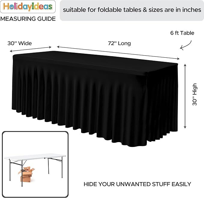 HolidayIdeas Black Spandex Table Skirts for Rectangle Tables 6ft, Fitted Stretch Table Cover 30x72 Inch, Wrinkle-Free Ruffle Design Tablecloths for Banquets,Trade Shows, Parties, Events, 6 Pack