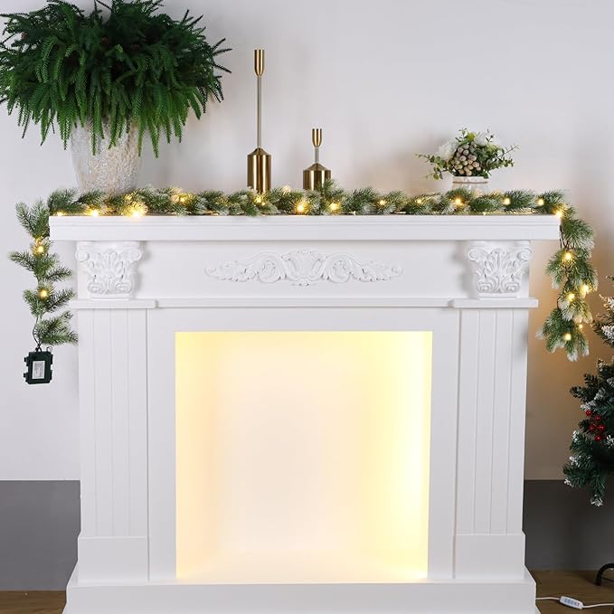 3 Pack Pre Lit Snow Flocked Christmas Garland 5.9 ft Artificial Christmas Garland with Warm White LED Light and Timer Frosted Faux Pine Winter Garlands for Home Indoor Outdoor Mantel Seasonal Decor