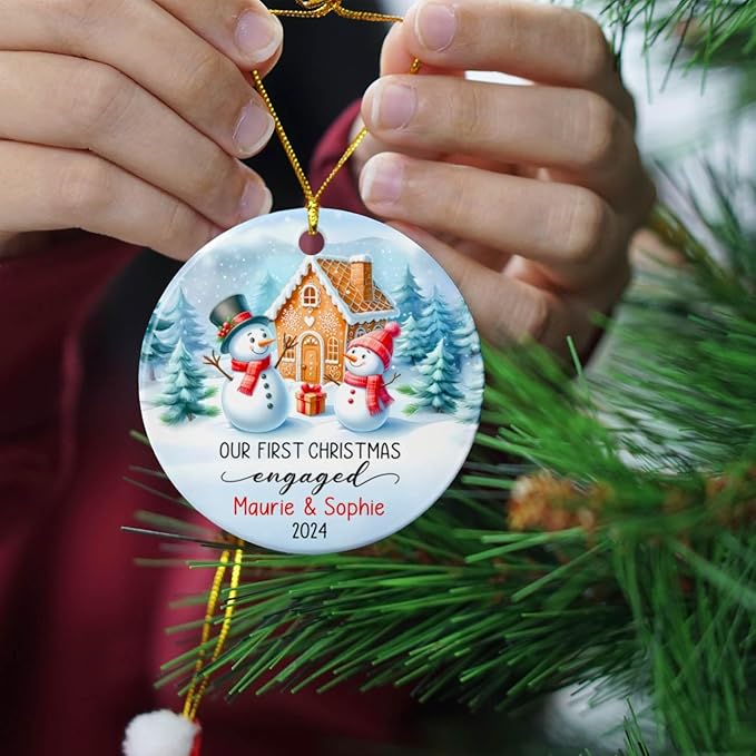 Personalized Engagement Ceramic Ornament 2025, Gifts for Newly Engaged Couples, Our First Christmas Engaged Ornament, Custom Year & Names Couple Snowman Just Engaged Ornament, Happy Engagement Gift