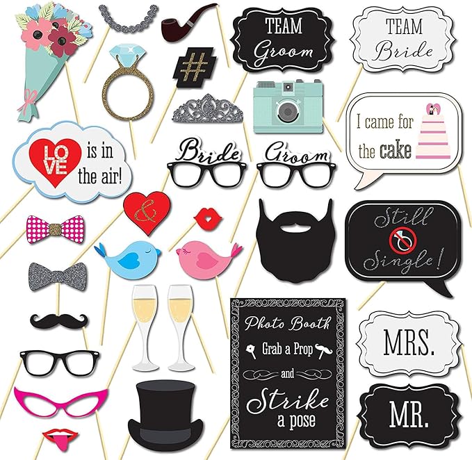 Wedding Photo Booth Props,31Pcs Set of Wedding Selfie Party Supplies&Decorations Supplies with Real Glitter Cute Wedding Backdrop and Selfie Station
