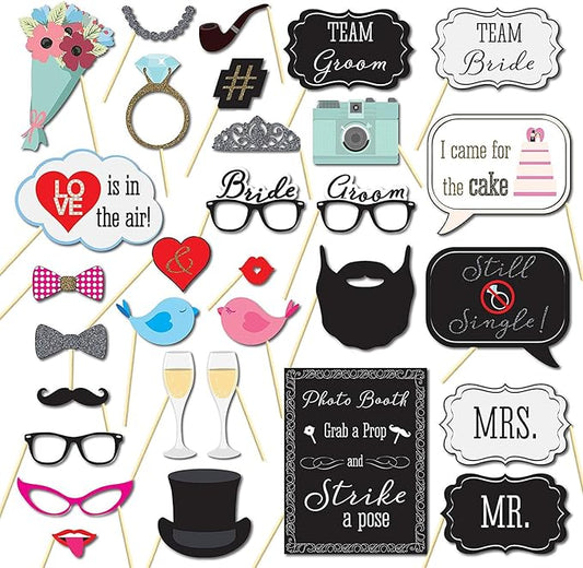 Wedding Photo Booth Props,31Pcs Set of Wedding Selfie Party Supplies&Decorations Supplies with Real Glitter Cute Wedding Backdrop and Selfie Station
