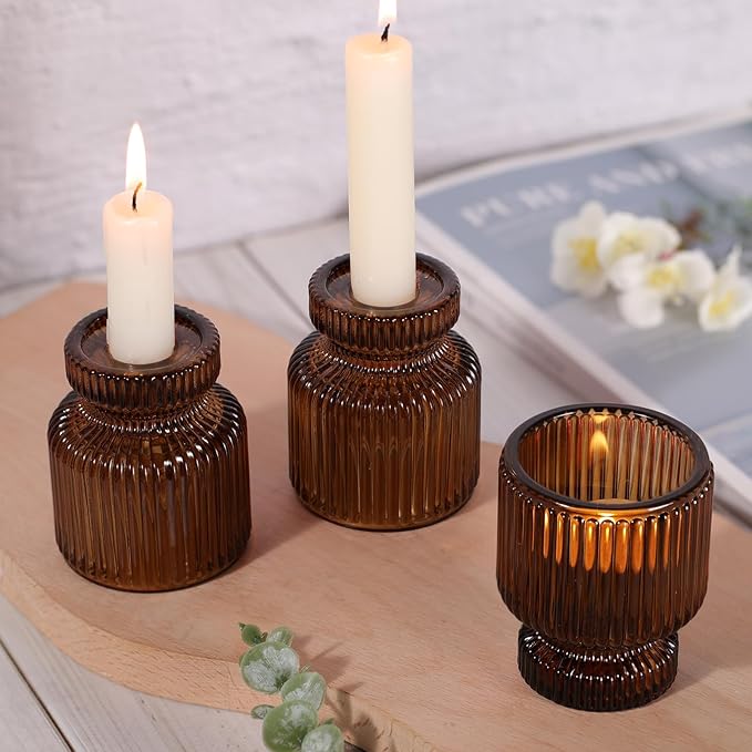 DARJEN 6 Pcs Amber Candlestick Holders - Glass Taper Candle Holders Tealight Votive Candle Holders for Table Centerpieces, Wedding, Dinner Party, Home, Gifts